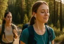 Due donne fanno trekking in montagna, una ascolta musica elettronica con gli auricolari – musica elettronica per trekking